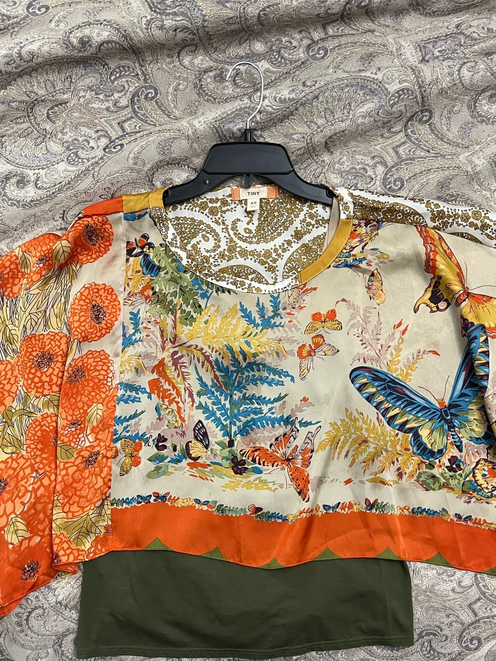 Butterfly & Floral Print Blouse in Orange and Cream - Tiny